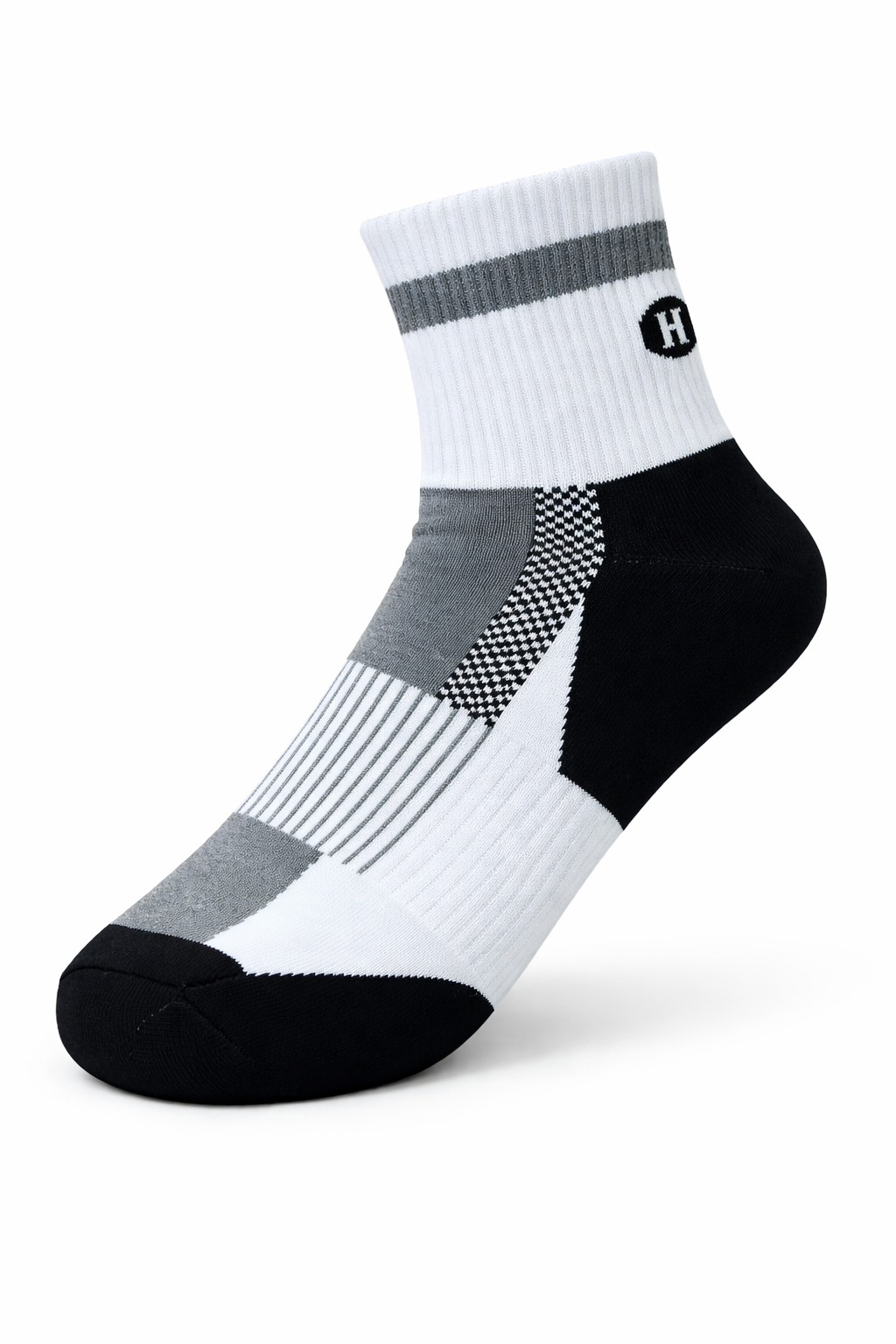 White athletic sock with black and gray accents on a white background