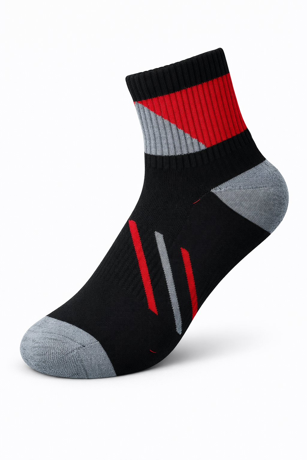 Black, red, and gray sock on a white background