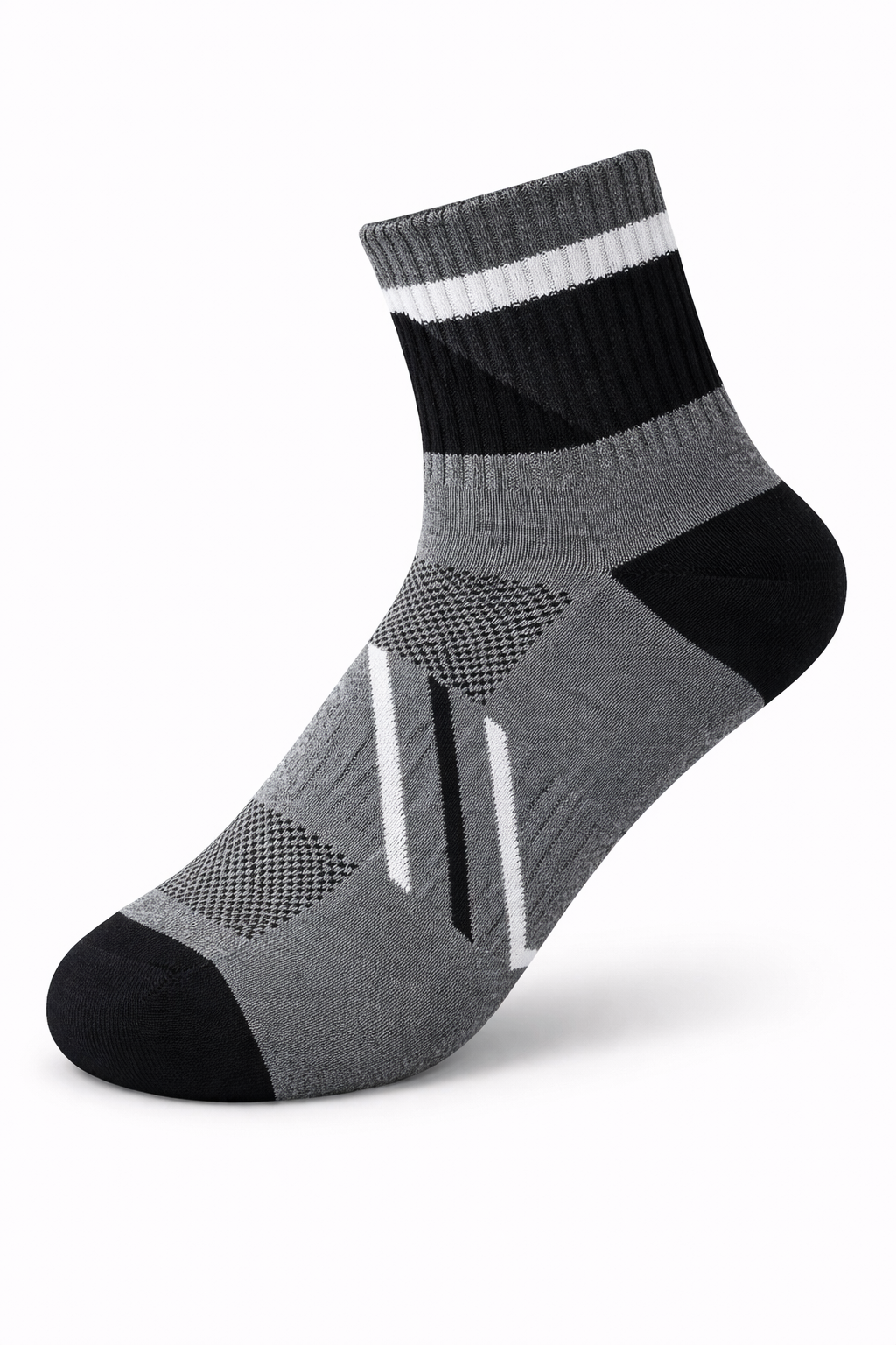 Gray and black athletic sock with white stripes on a white background