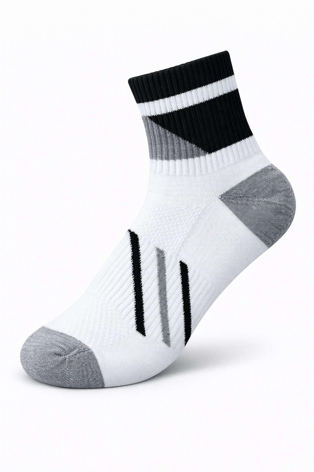 White athletic sock with black and gray accents on a white background