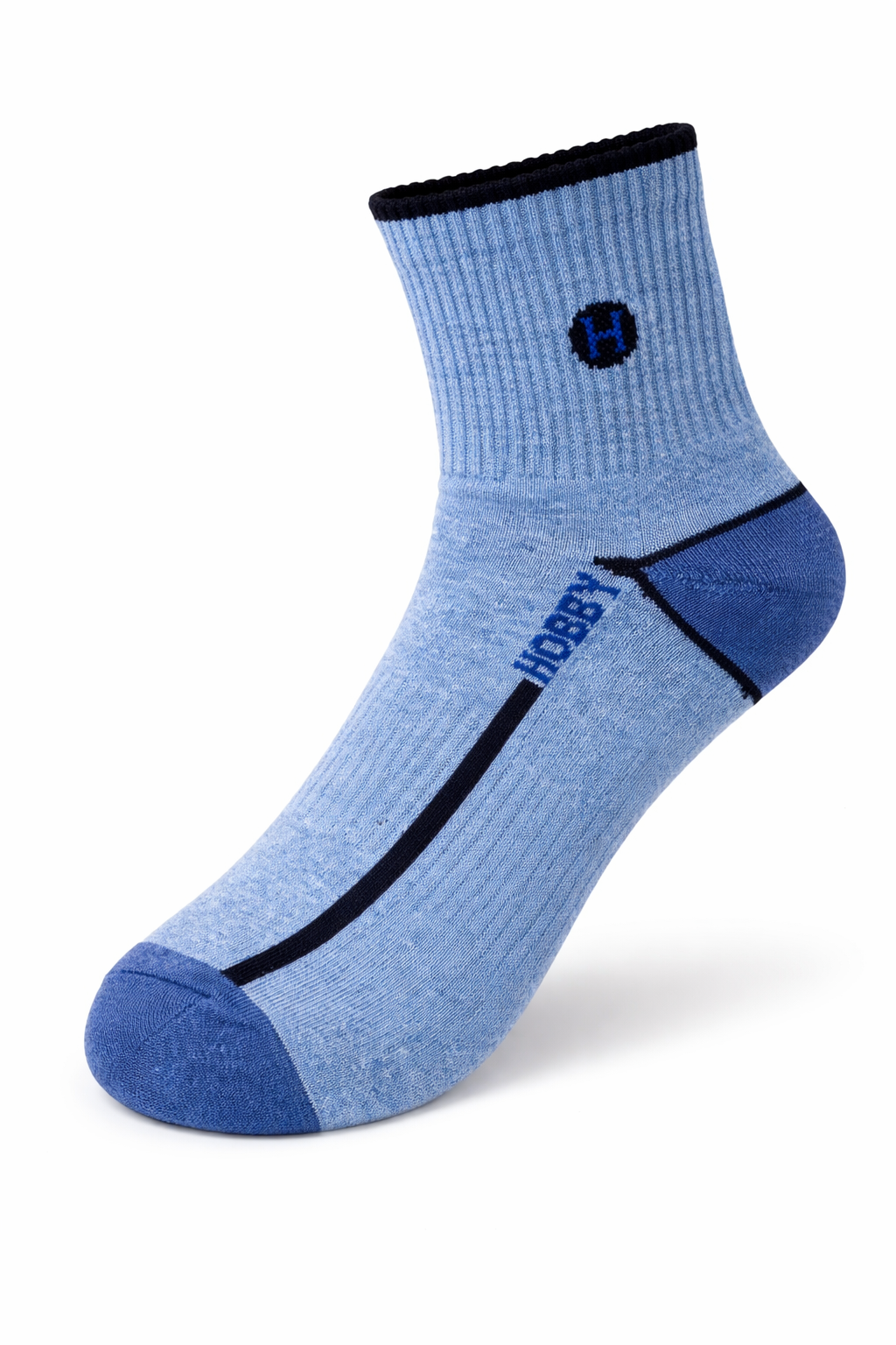 Blue sock with black accents on a white background