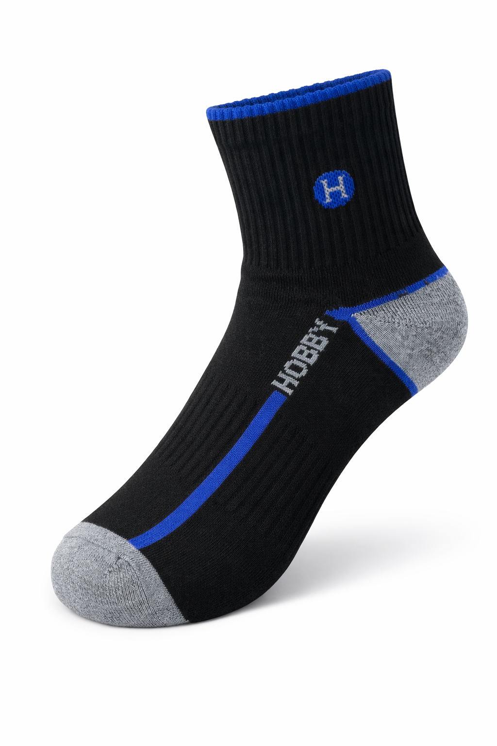 Black sock with blue accents and gray toe, featuring a logo and text on a white background