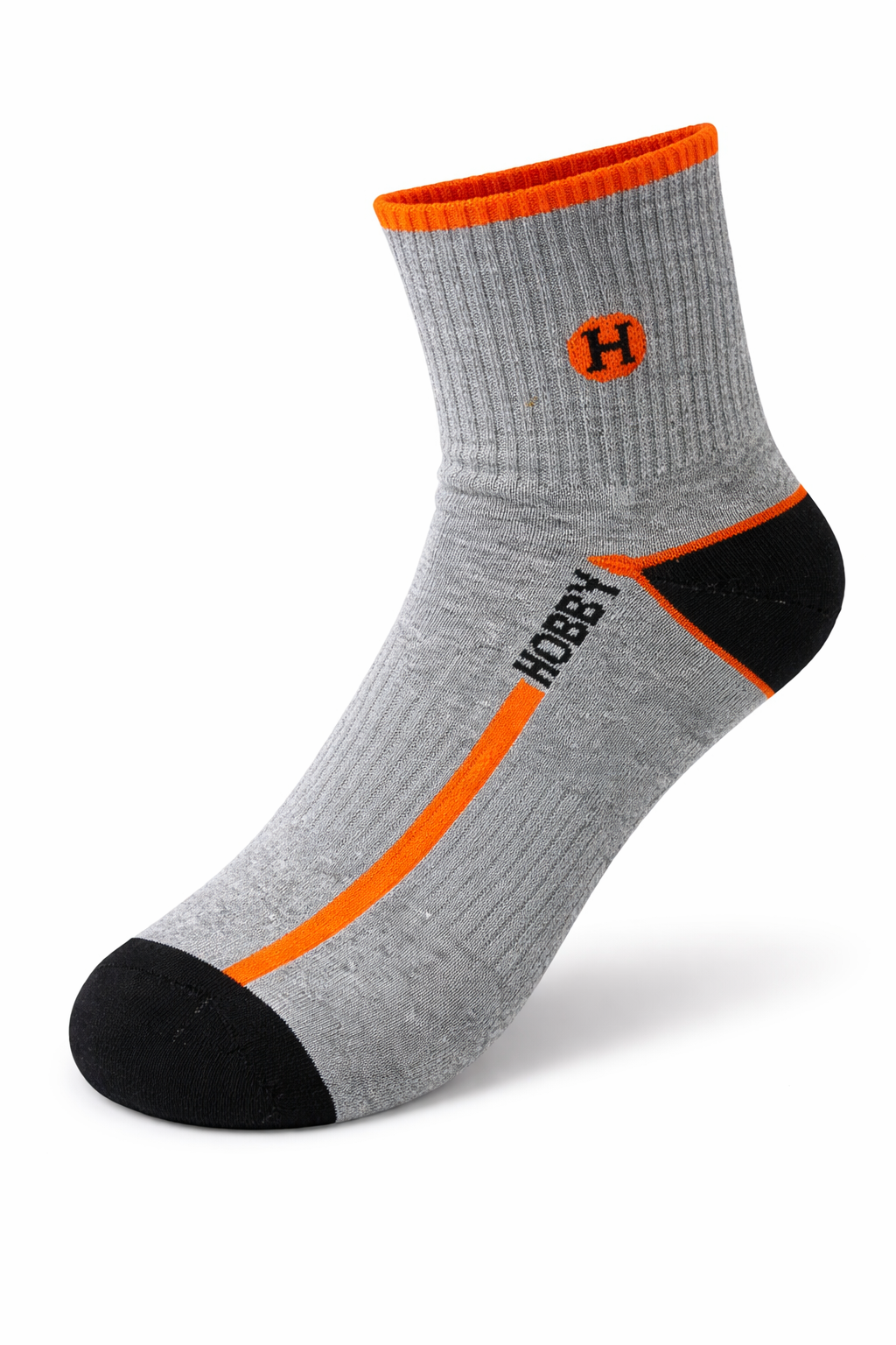 Gray sock with orange and black accents on a white background