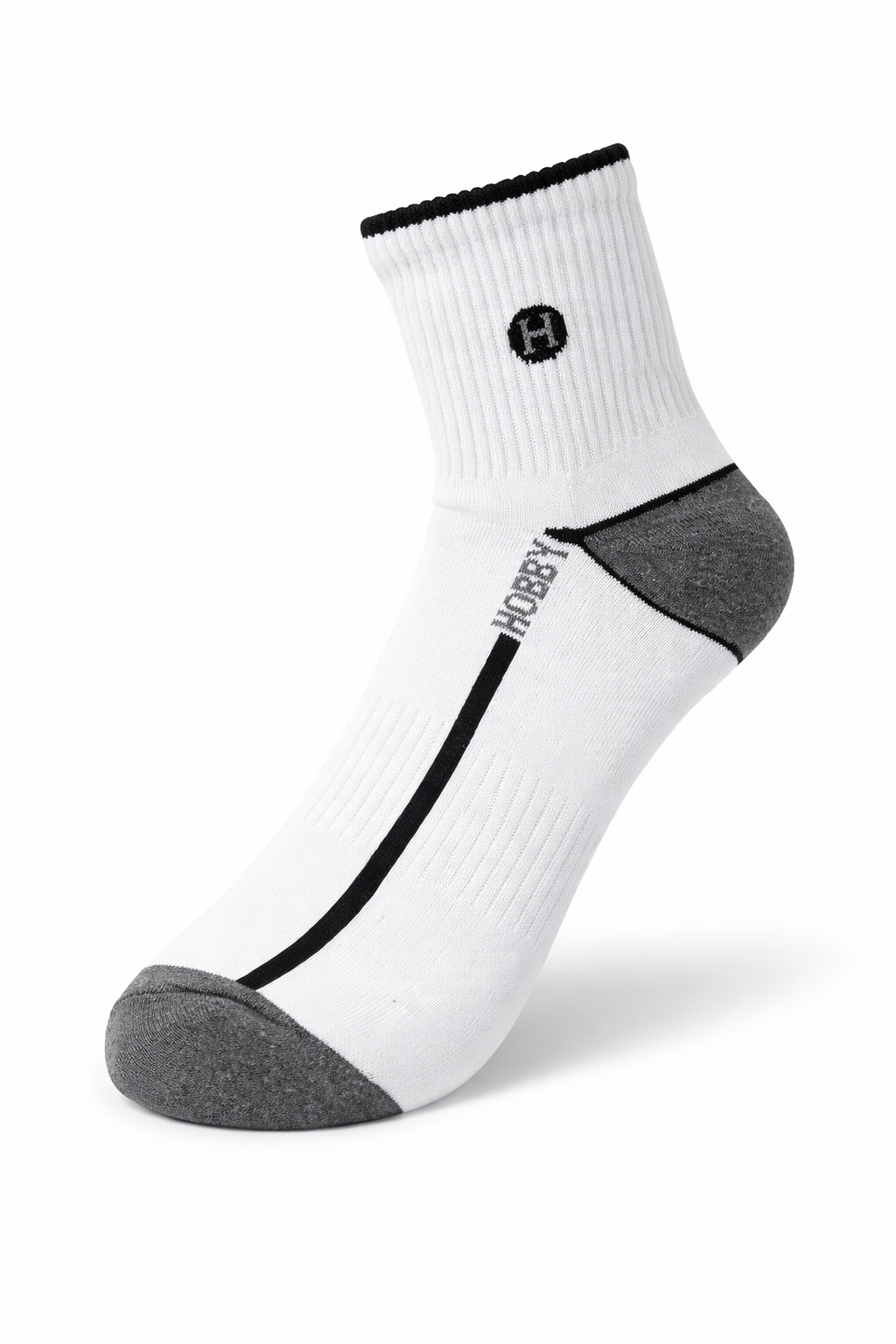 White and gray sock with black logo on a white background