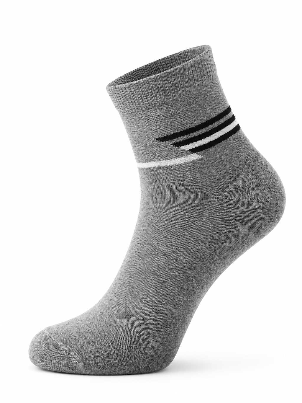 Gray sock with black and white stripes on a white background