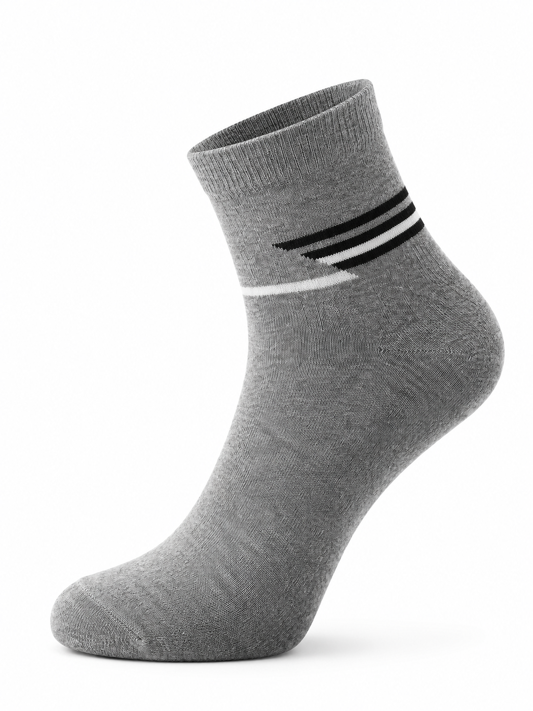 Gray sock with black and white stripes on a white background