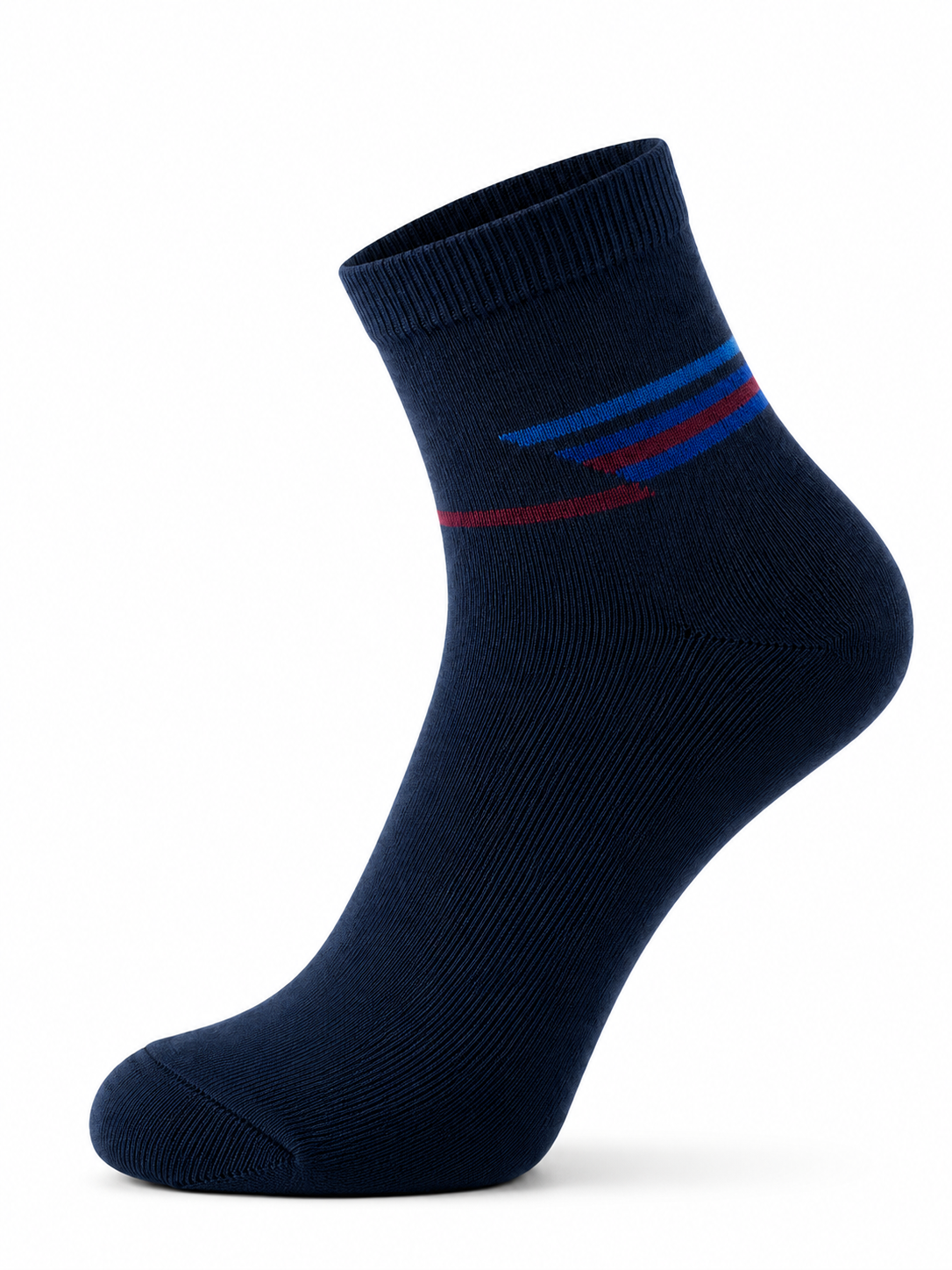 Navy blue sock with red and blue stripes on a white background