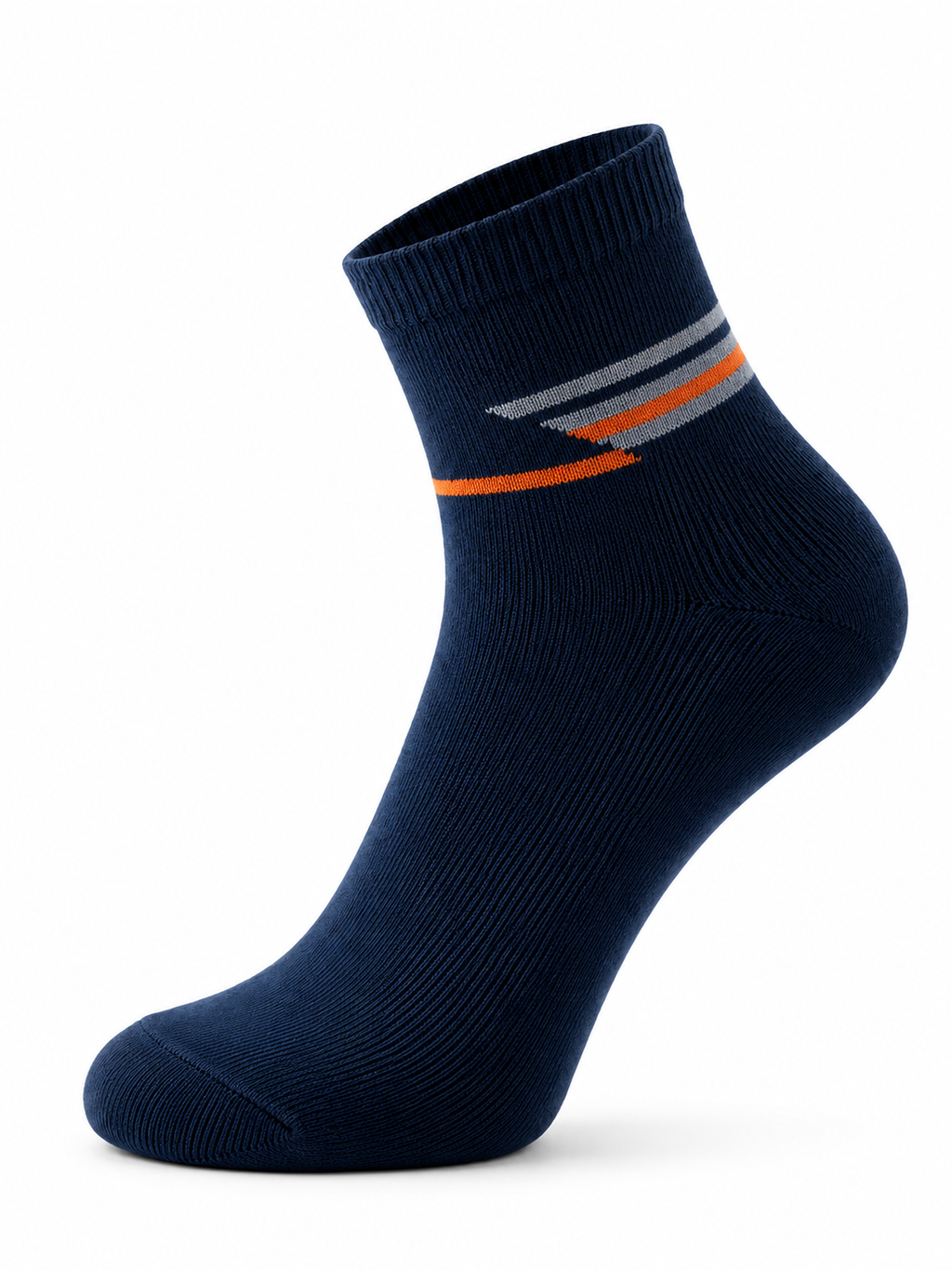 Navy blue sock with orange and gray stripes on a white background