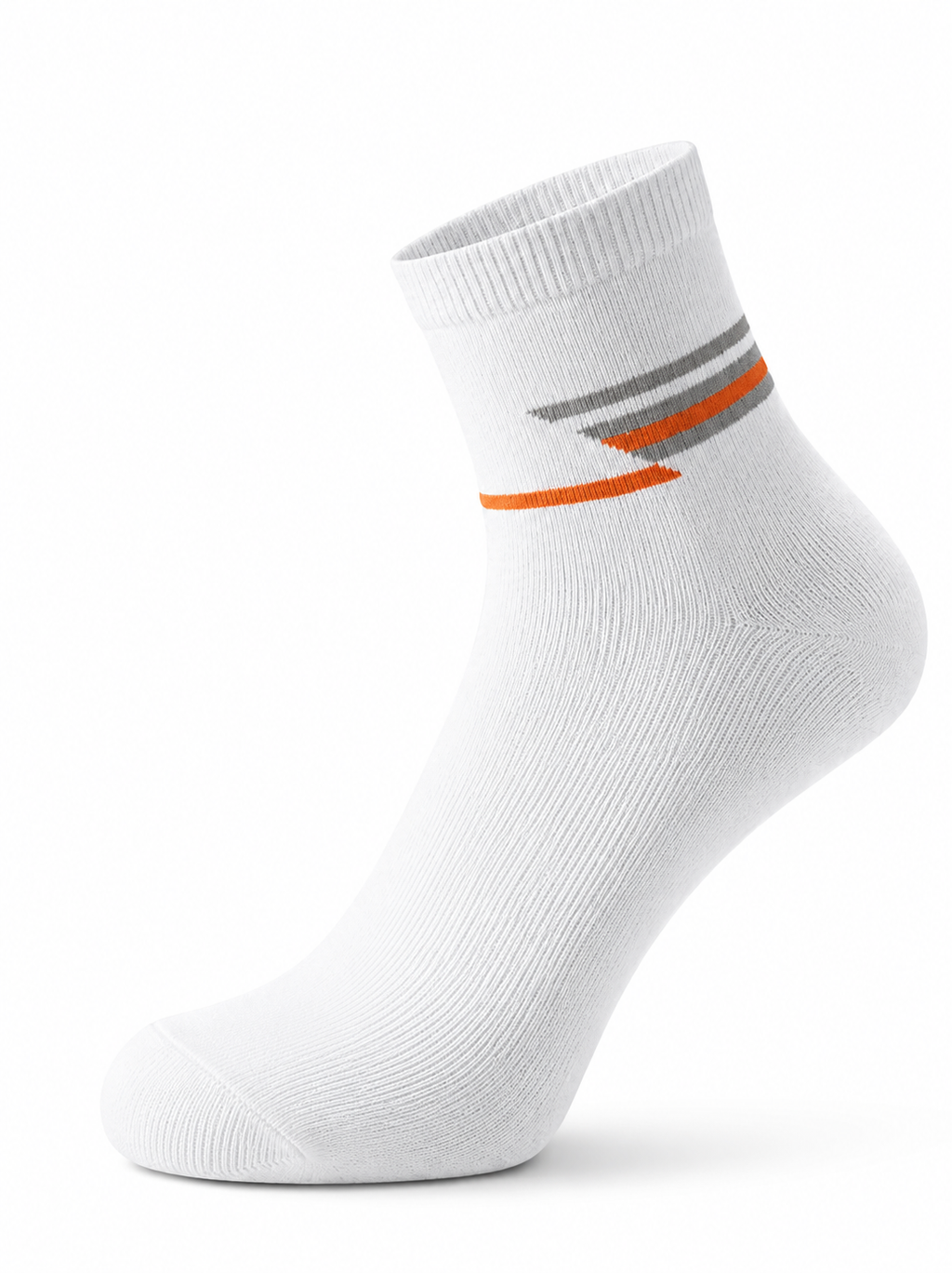 White sock with gray and orange stripes on a white background