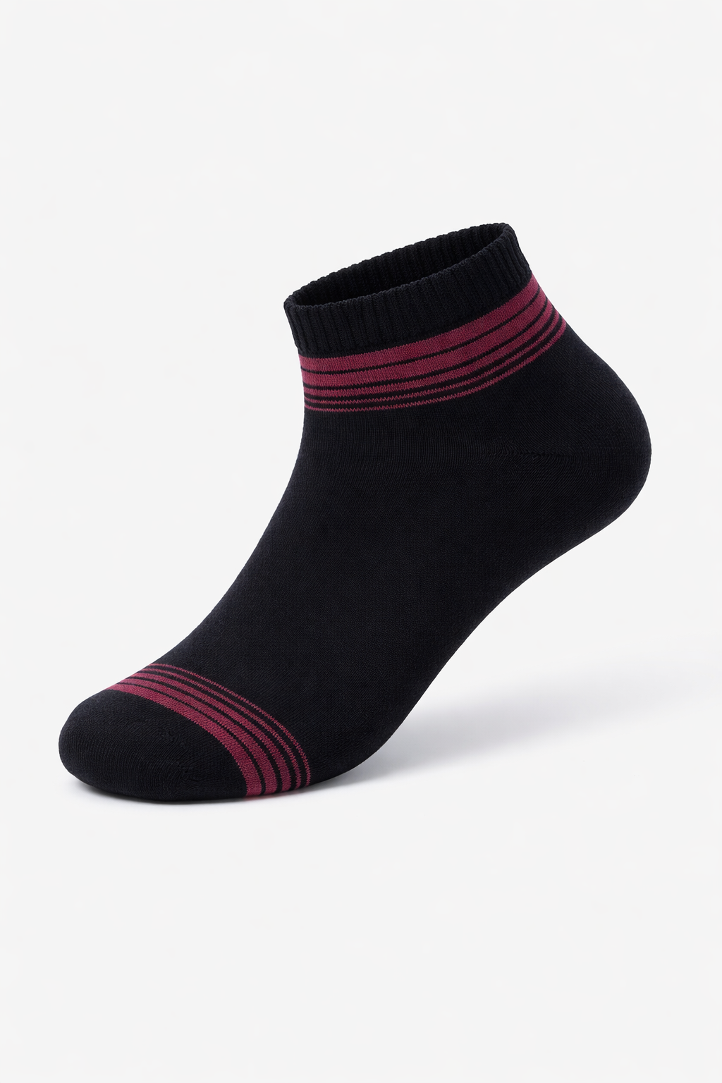Black ankle sock with red stripes on a white background