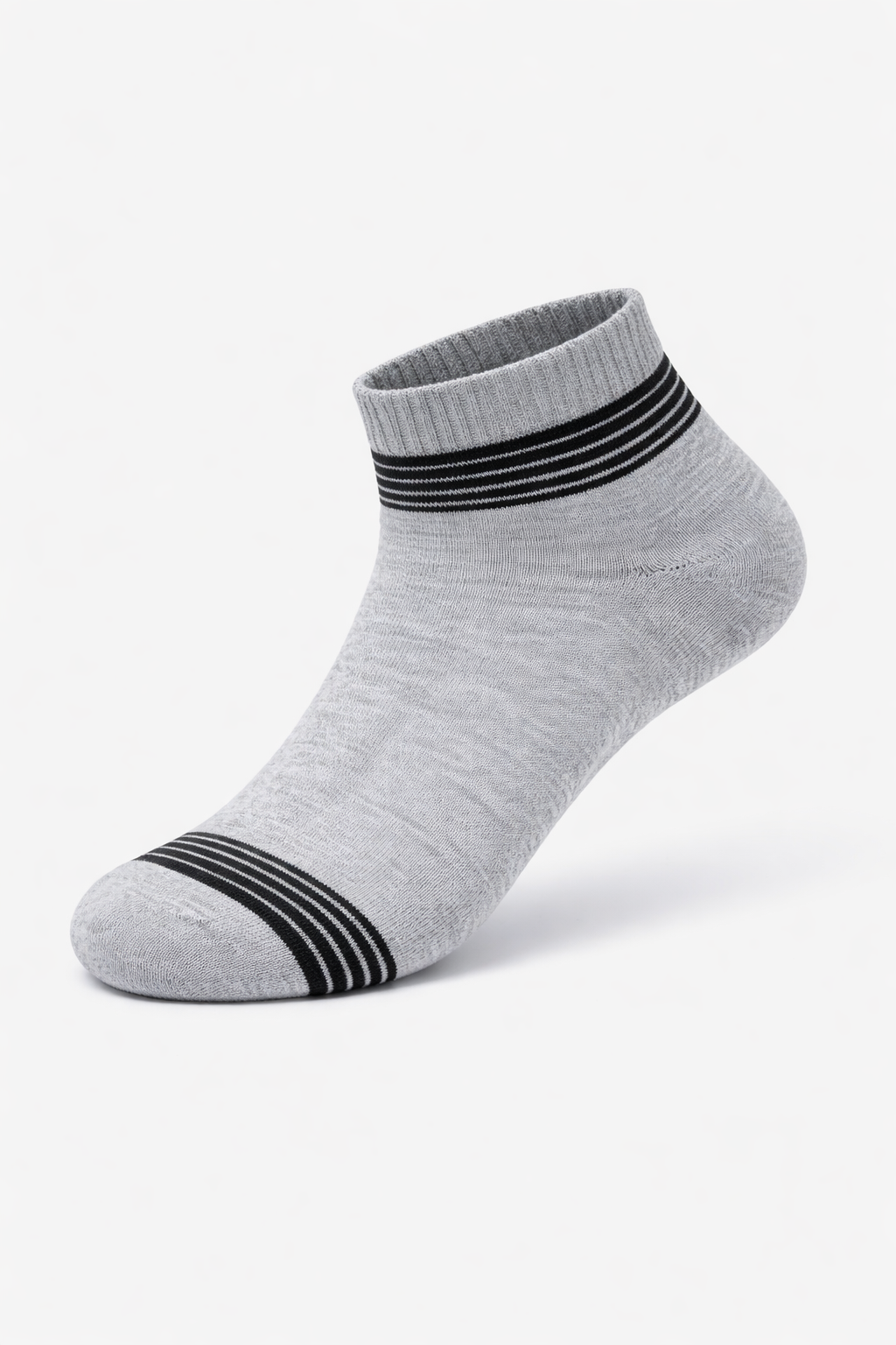Gray ankle sock with black stripes on a white background