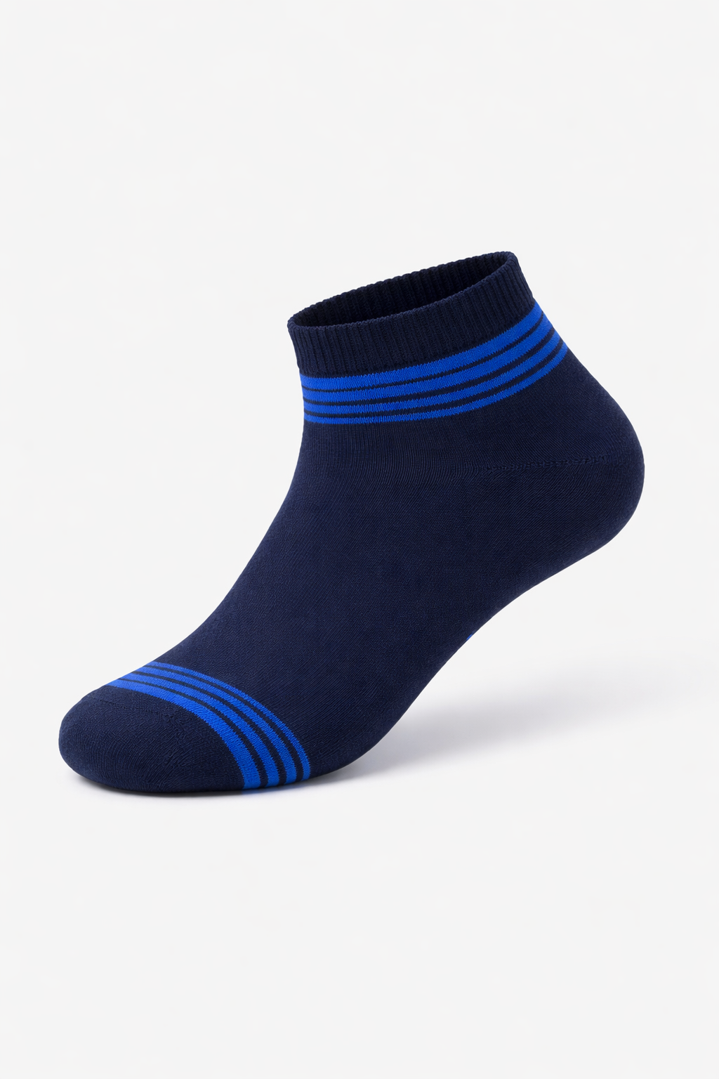 Navy ankle sock with blue stripes on a white background