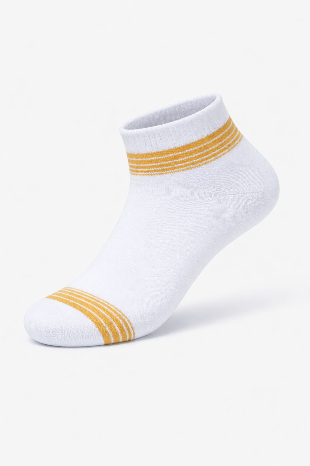 White ankle sock with yellow stripes on a white background