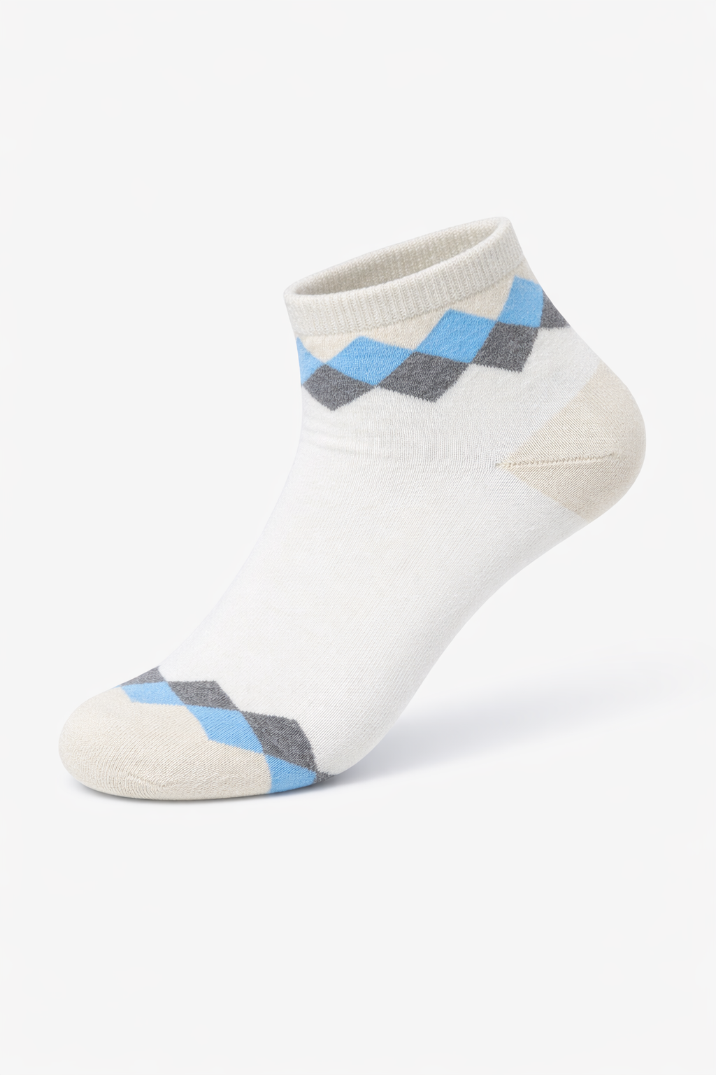 White ankle sock with blue and gray diamond pattern on a white background