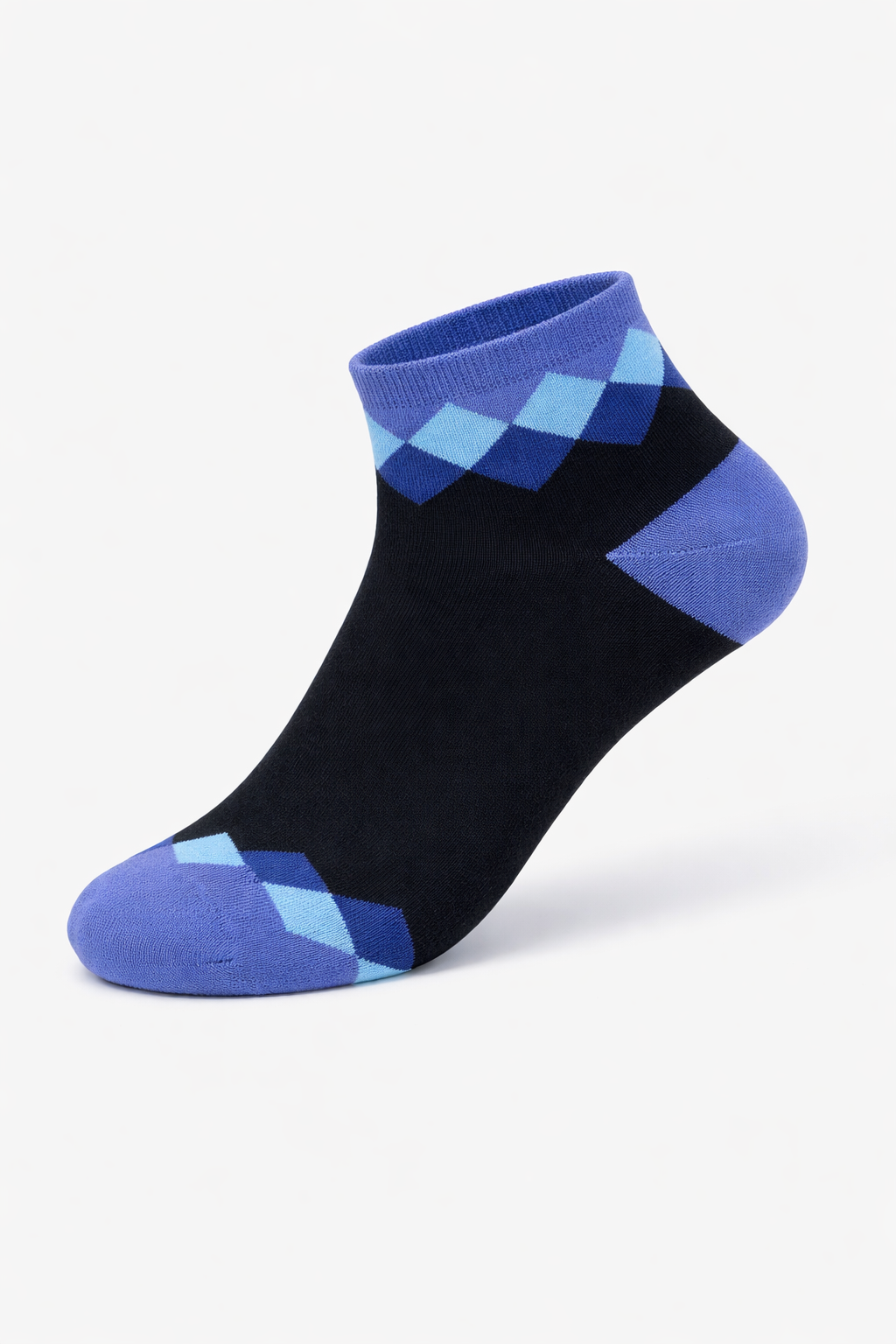 Black ankle sock with blue argyle pattern on a white background
