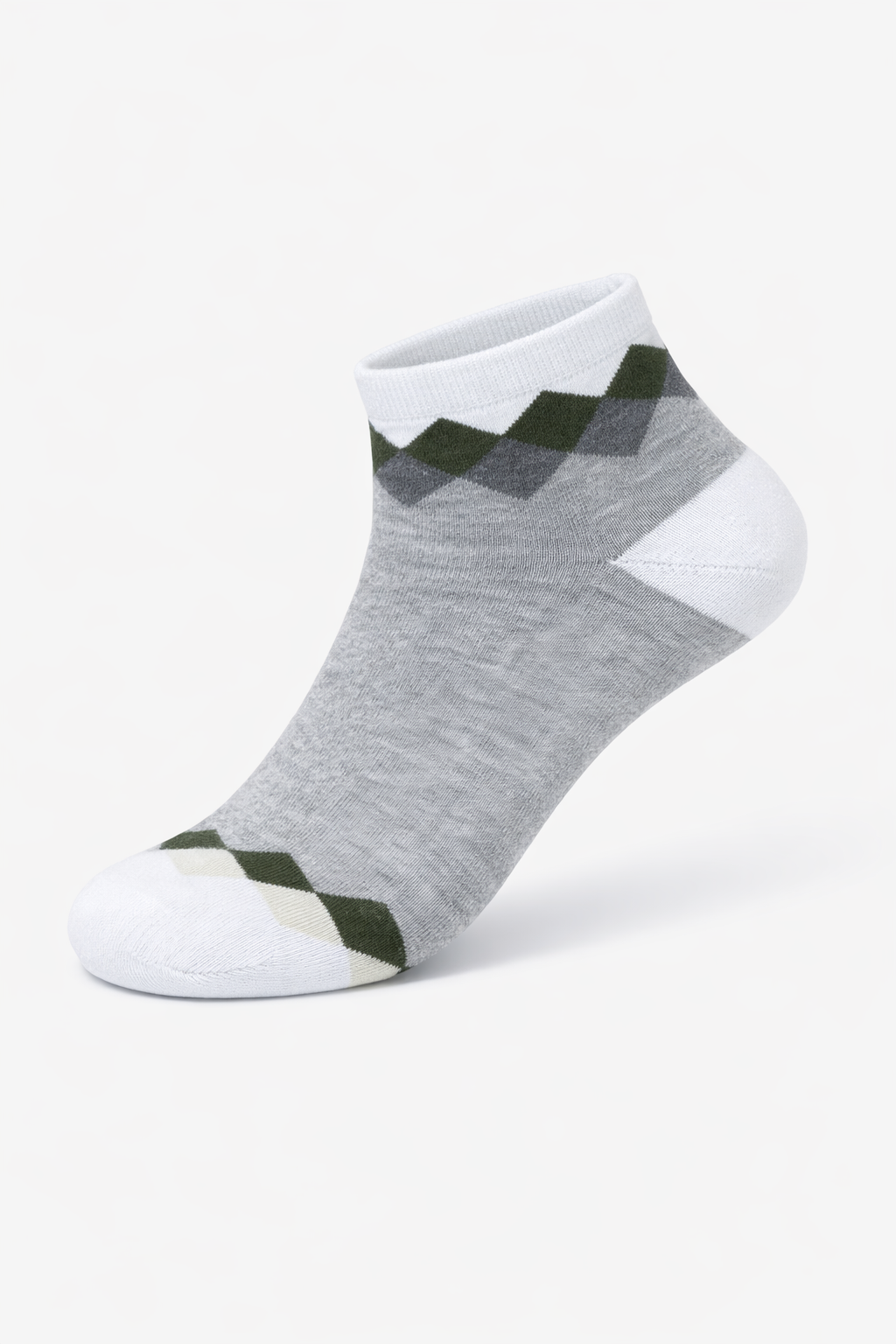 Gray and white ankle sock with green accents on a white background