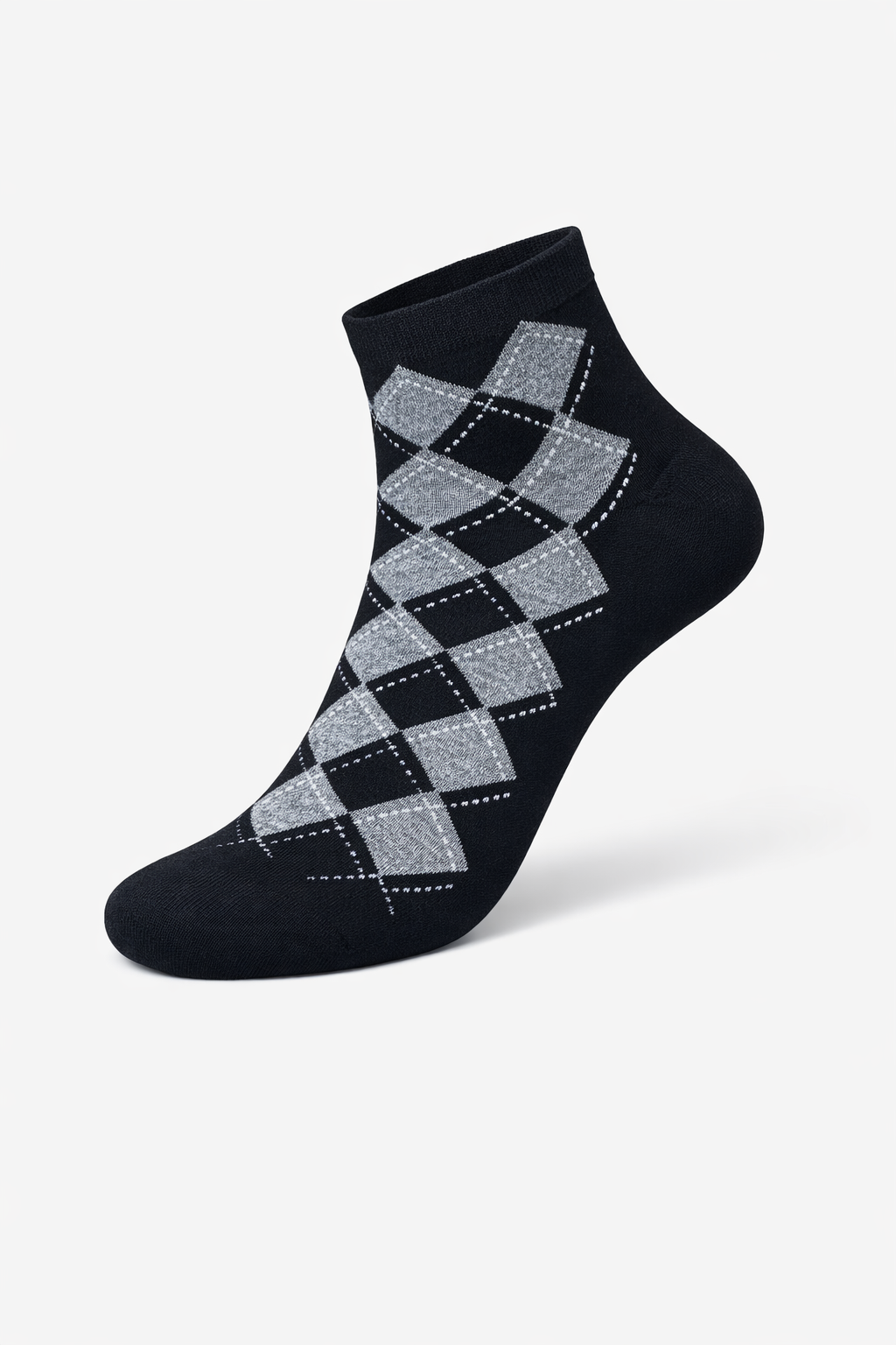 Black sock with gray argyle pattern on a white background