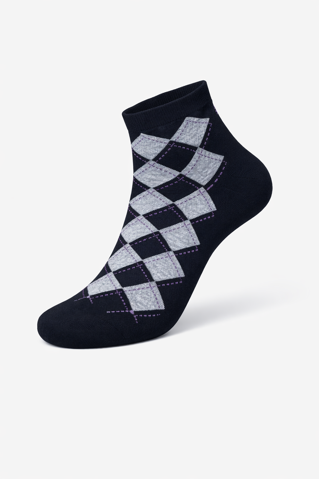 Black sock with gray checkered pattern on a white background