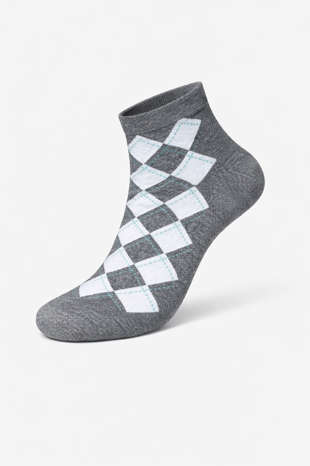 Gray ankle sock with a white checkered pattern on a white background