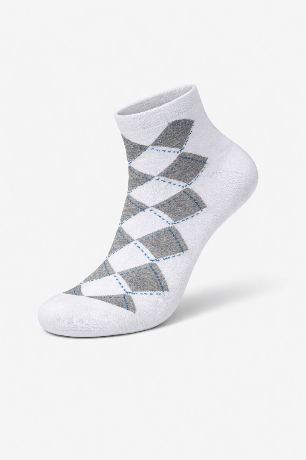 White ankle sock with gray argyle pattern on a white background