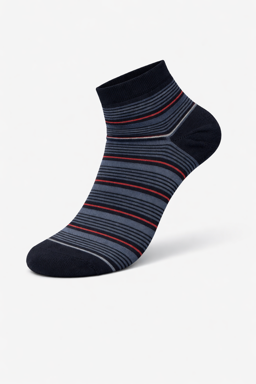 Navy ankle sock with red and gray stripes on a white background