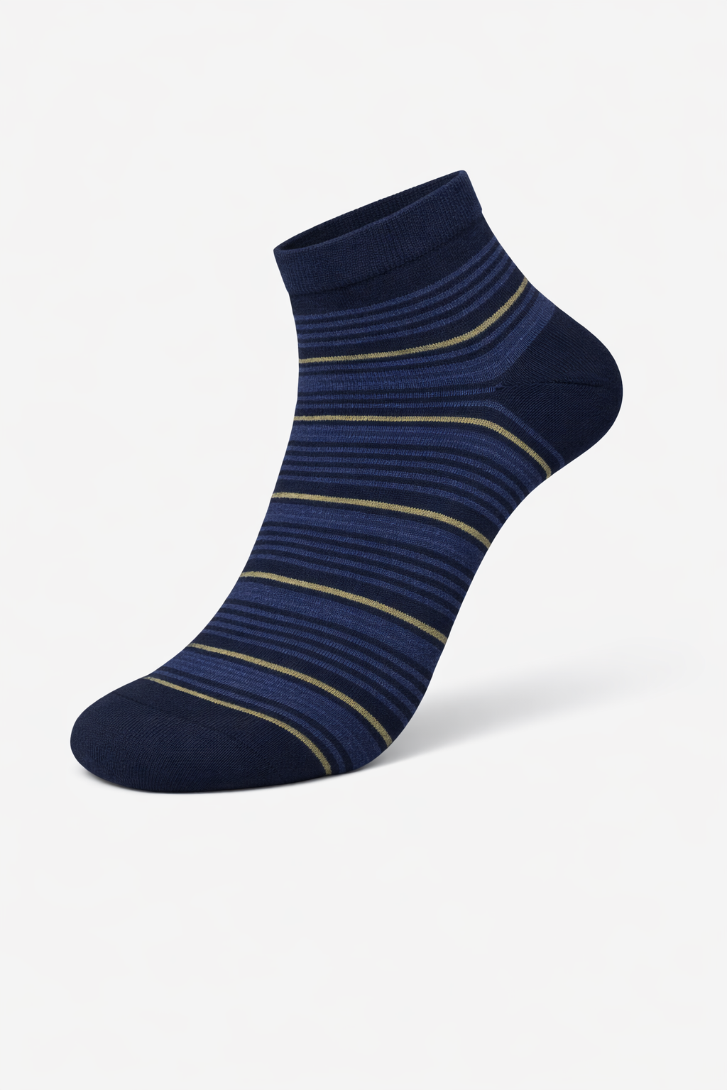 Navy blue sock with gold stripes on a white background