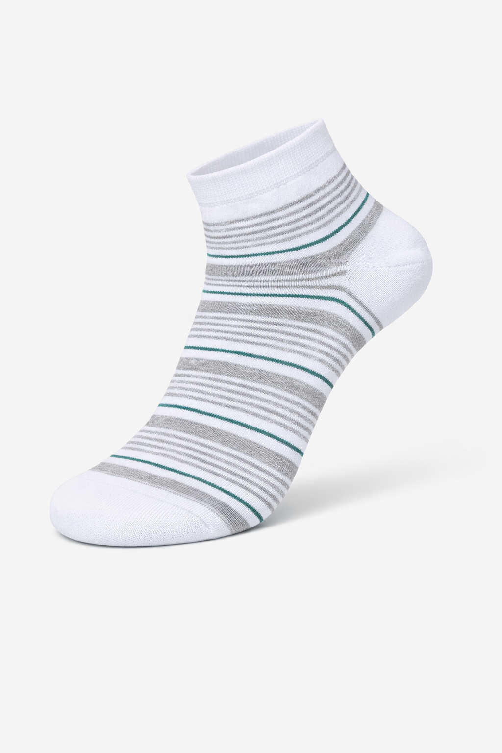 White ankle sock with gray and green stripes on a white background