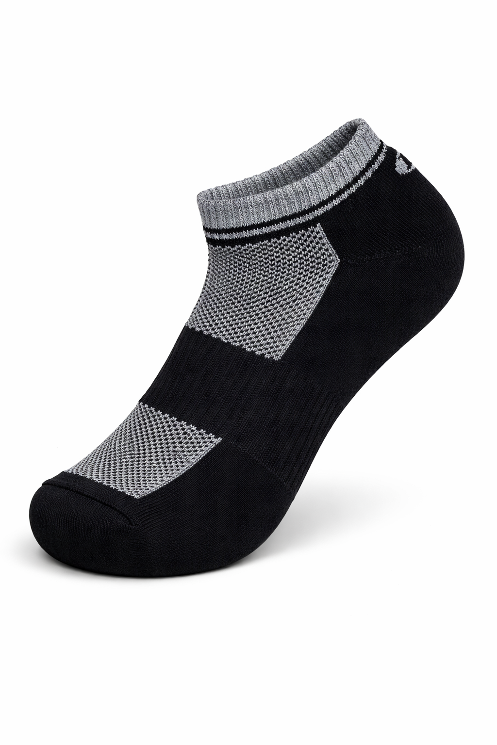 Black ankle sock with gray mesh sections on a white background