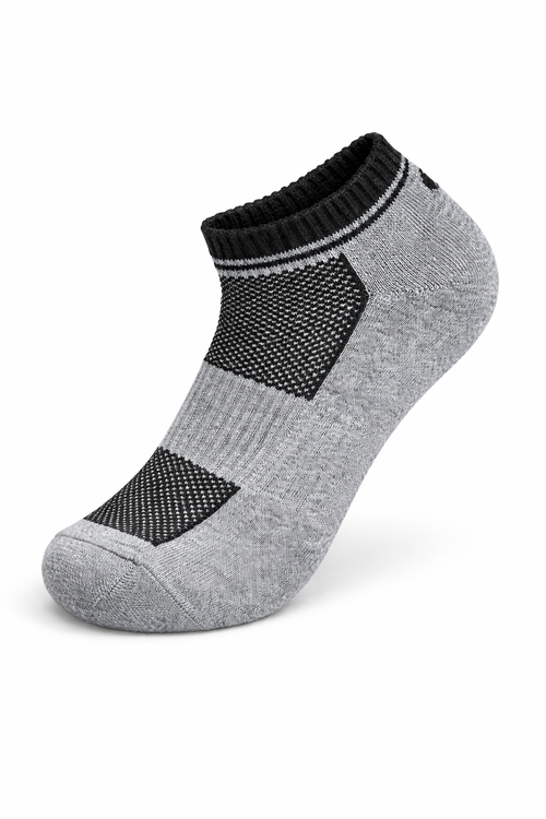 Gray ankle sock with black mesh sections on a white background