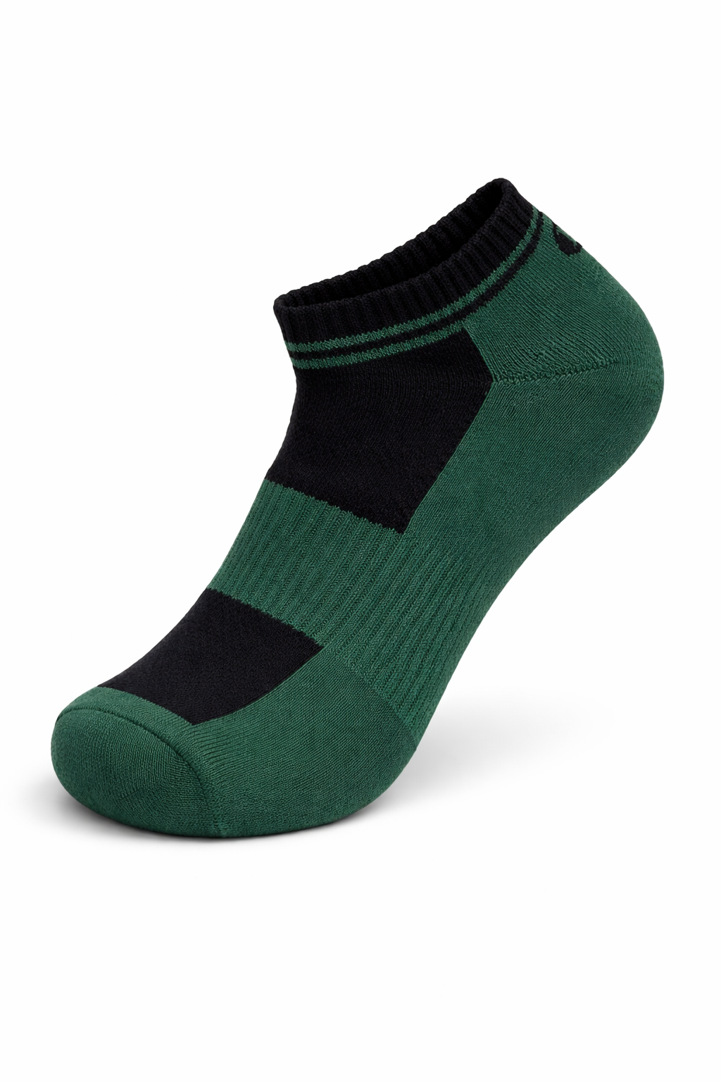 Green ankle sock with black accents on a white background