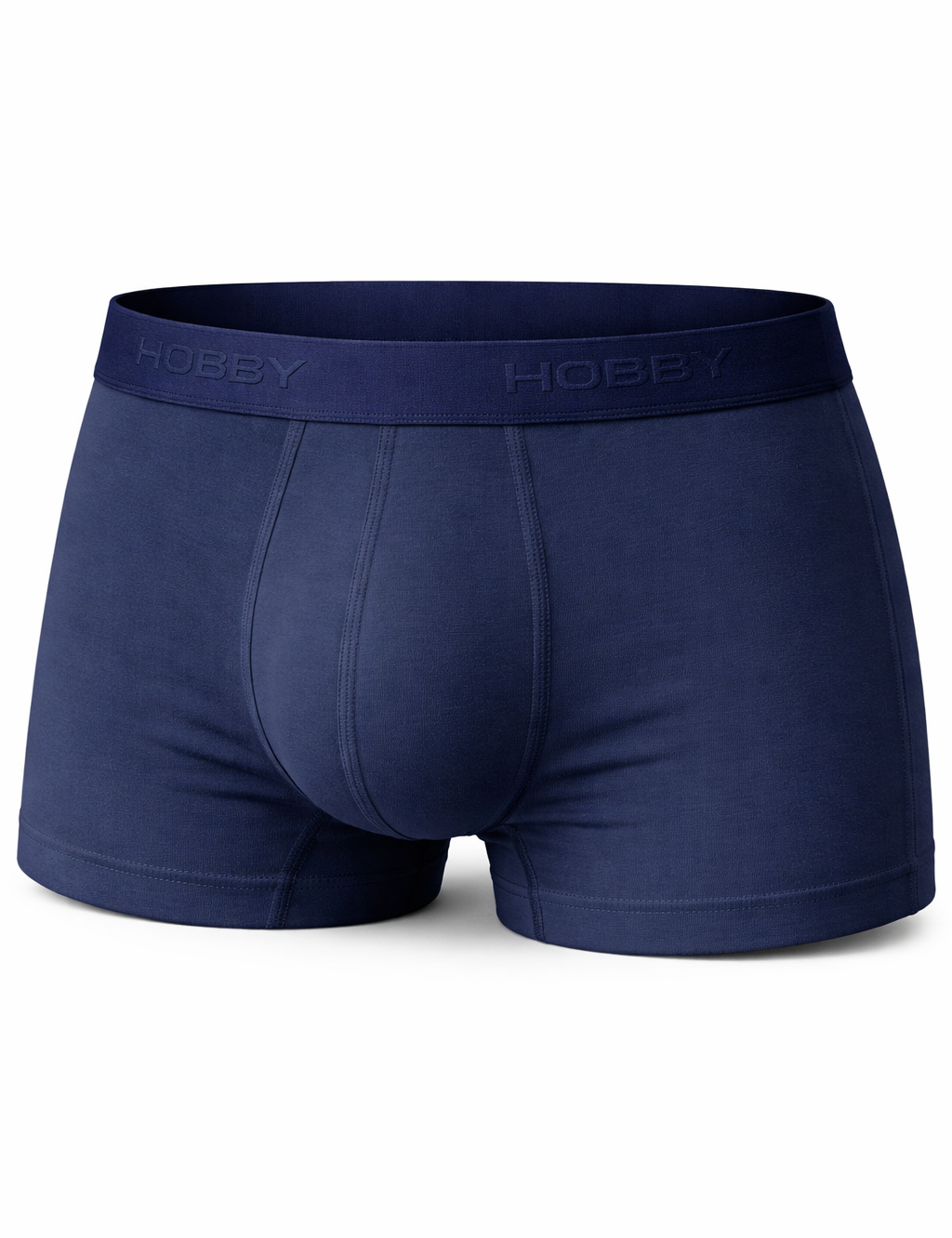 Navy blue boxer briefs with 'HOBBY' branding on a white background