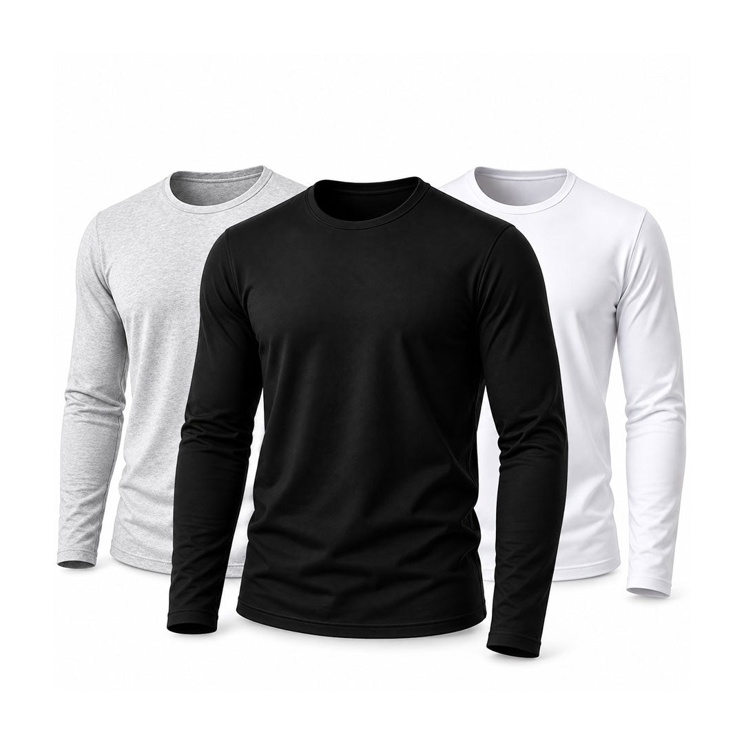 HOBBY men’s long sleeve cotton T-shirt pack of 3 in black, white and gray