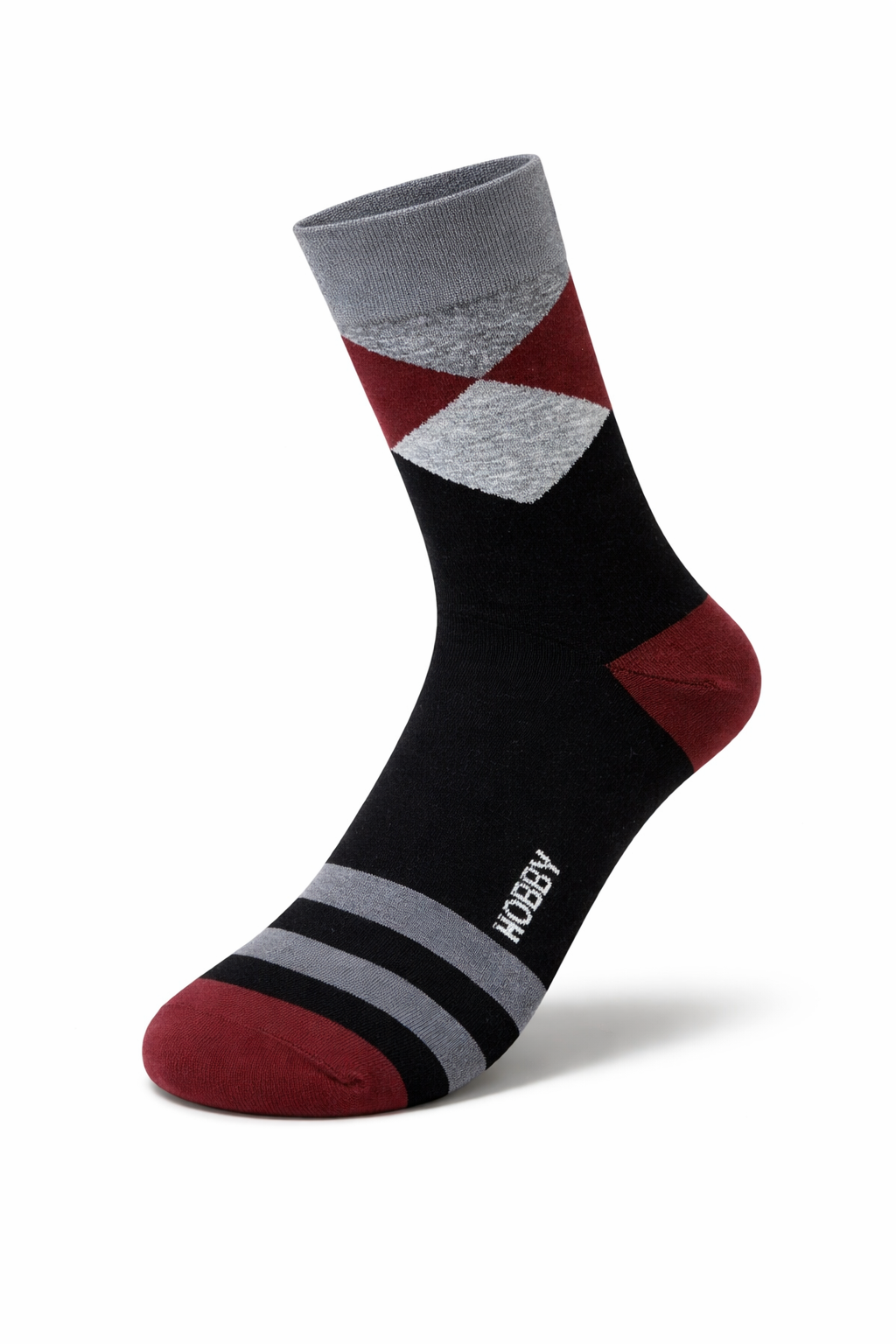 Black sock with red and gray diamond pattern on a white background