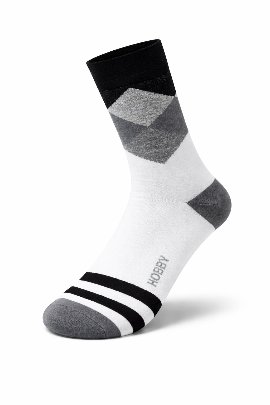Black, gray, and white sock with 'HOBBY' branding on a white background